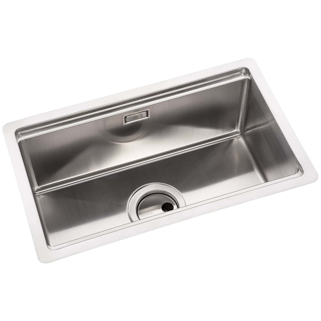 Stainless steel kitchen sink with deep basin, modern design, and built-in overflow, ideal for contemporary bathrooms and kitchens in modern homes.