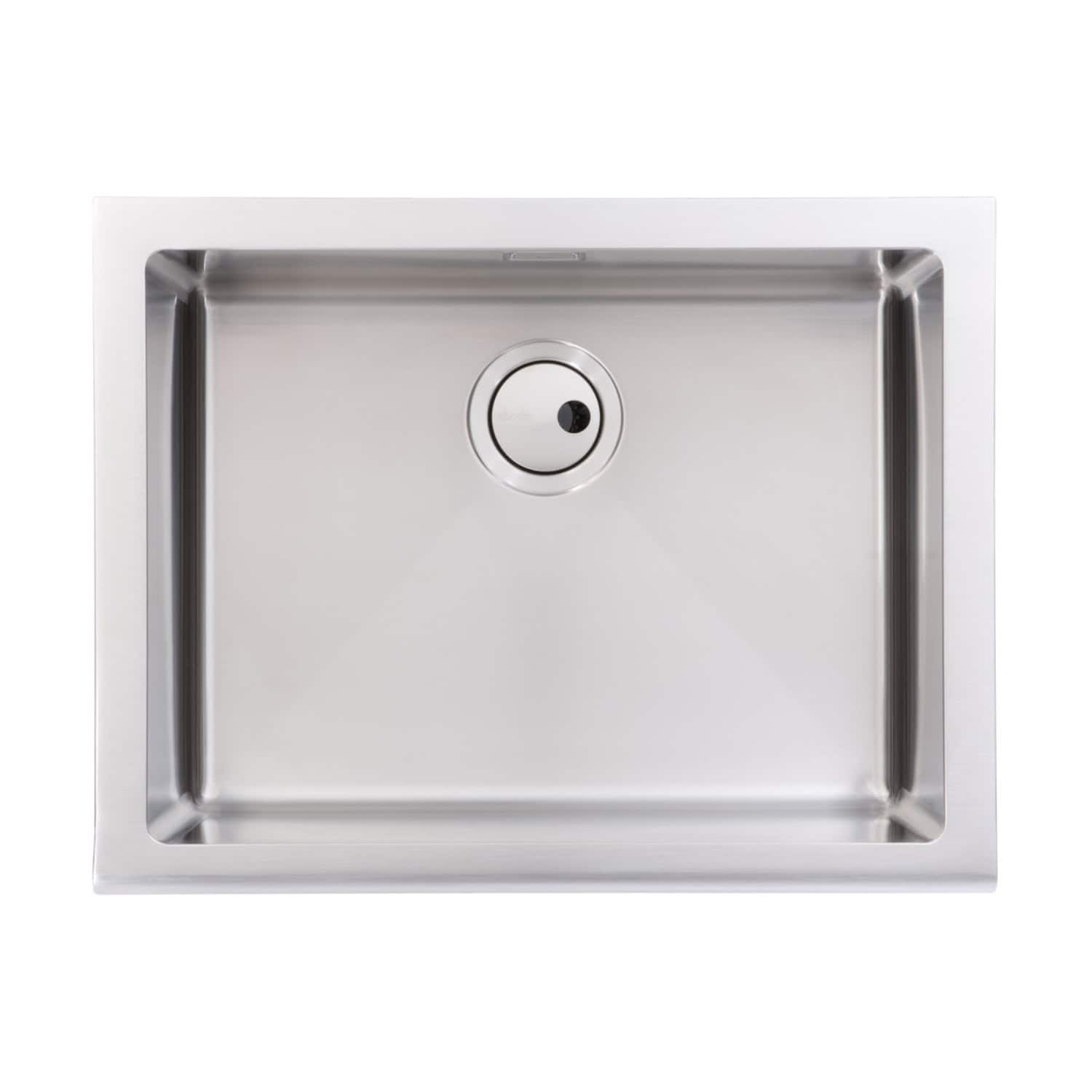 Polished stainless steel undermount kitchen sink for modern bathrooms and kitchens. Durable, easy to clean, and stylish design from Bubly Bathrooms.