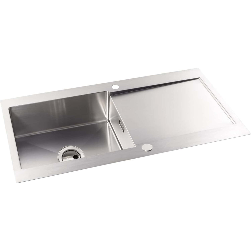 Stainless steel kitchen sink with drainer and modern design, ideal for contemporary bathrooms and kitchens. Durable, easy to clean, and perfect for enhancing bathroom functionality and style.