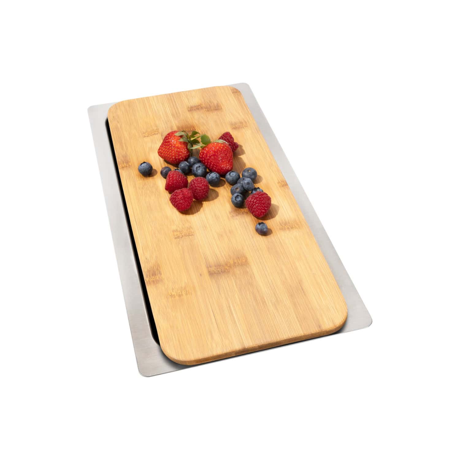 Vibrant mixed berries including strawberries, raspberries, and blueberries on a bamboo cutting board. Perfect for healthy snacks, smoothies, or dessert garnishes, presented with natural aesthetic appeal.