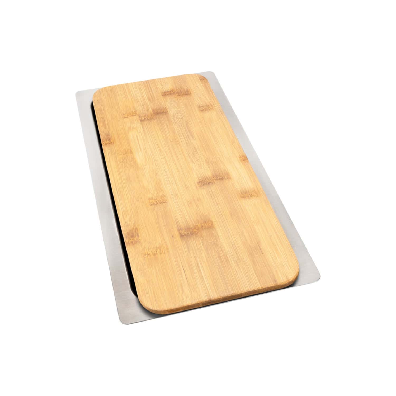 Smooth bamboo cheese board with stainless steel base, perfect for serving snacks and gatherings. Stylish and functional kitchen accessory for modern bathrooms or dining areas.