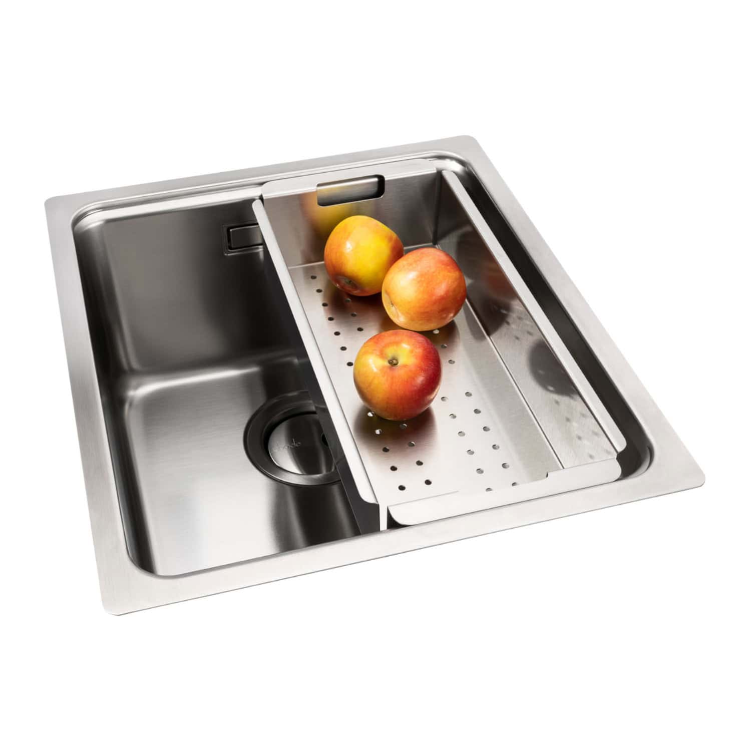 Stainless steel kitchen sink with integrated drainboard and three apples, modern design for commercial or residential kitchens.