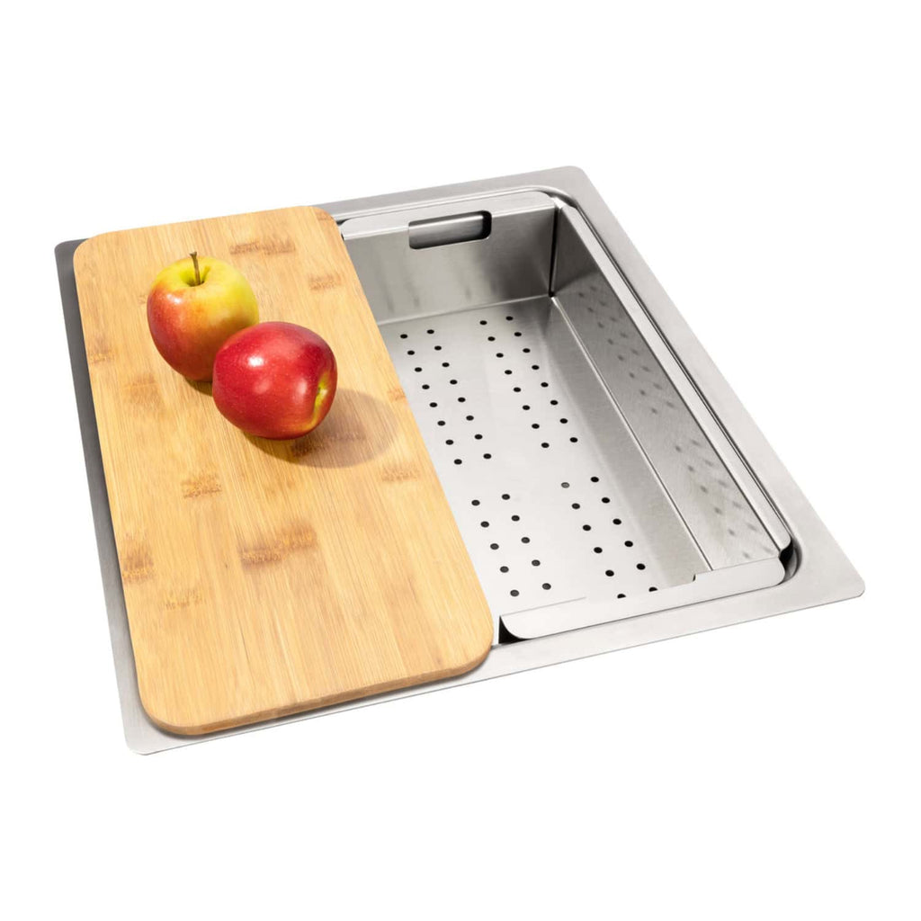 High-quality stainless steel integrated kitchen sink with wooden chopping board, ideal for food preparation and washing in modern Bubly bathrooms.