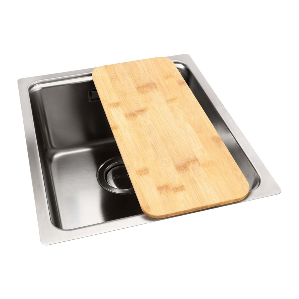 Stainless steel kitchen sink with a wooden chopping board cover, ideal for efficient kitchen tasks and food preparation. Durable and modern design, perfect for contemporary kitchens.