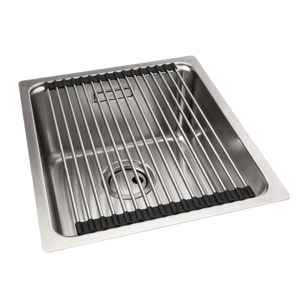 Extra-large stainless steel kitchen sink with a removable wire rack and integrated drain, ideal for modern bathroom and kitchen renovation projects.