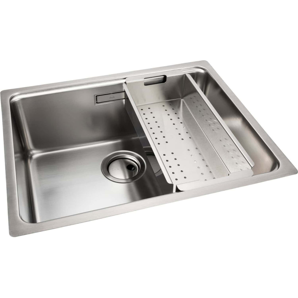 Stainless steel kitchen sink with integrated draining board, modern design, durable material, ideal for residential or commercial bathrooms, easy to clean and maintain.