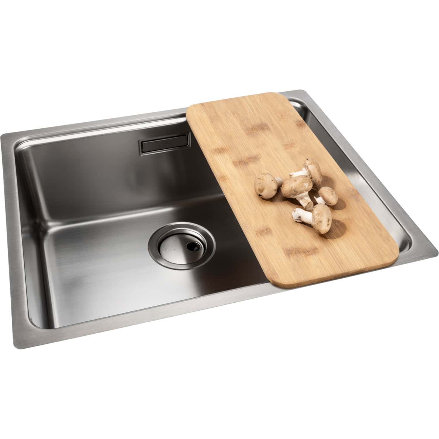 Stainless steel kitchen sink with a wooden chopping board and fresh mushrooms, modern design ideal for contemporary bathrooms or kitchens, easy to clean and durable.