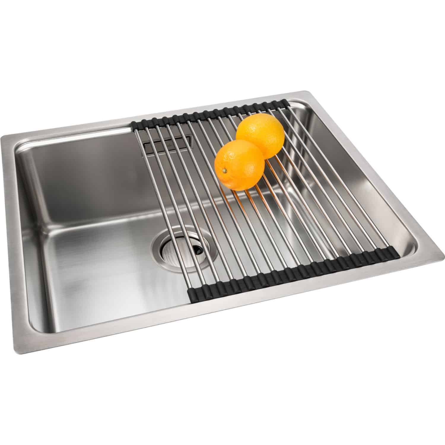Shiny stainless steel kitchen sink with draining basket and two oranges on the rack, ideal for modern bathroom or kitchen renovation, durable and easy to clean.