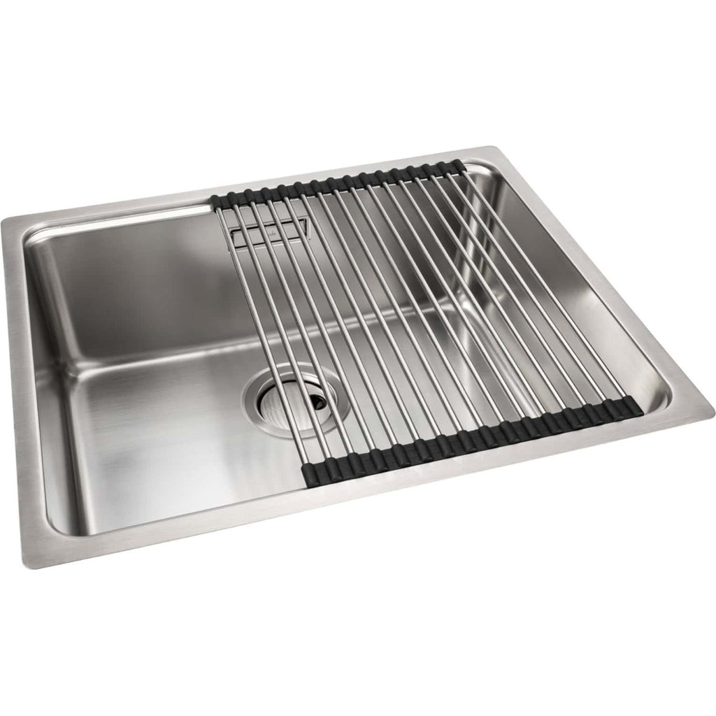 Stainless steel kitchen sink with integrated draining rack, modern design, and durable material for efficient dishwashing and food prep. Perfect for contemporary bathrooms and kitchens.