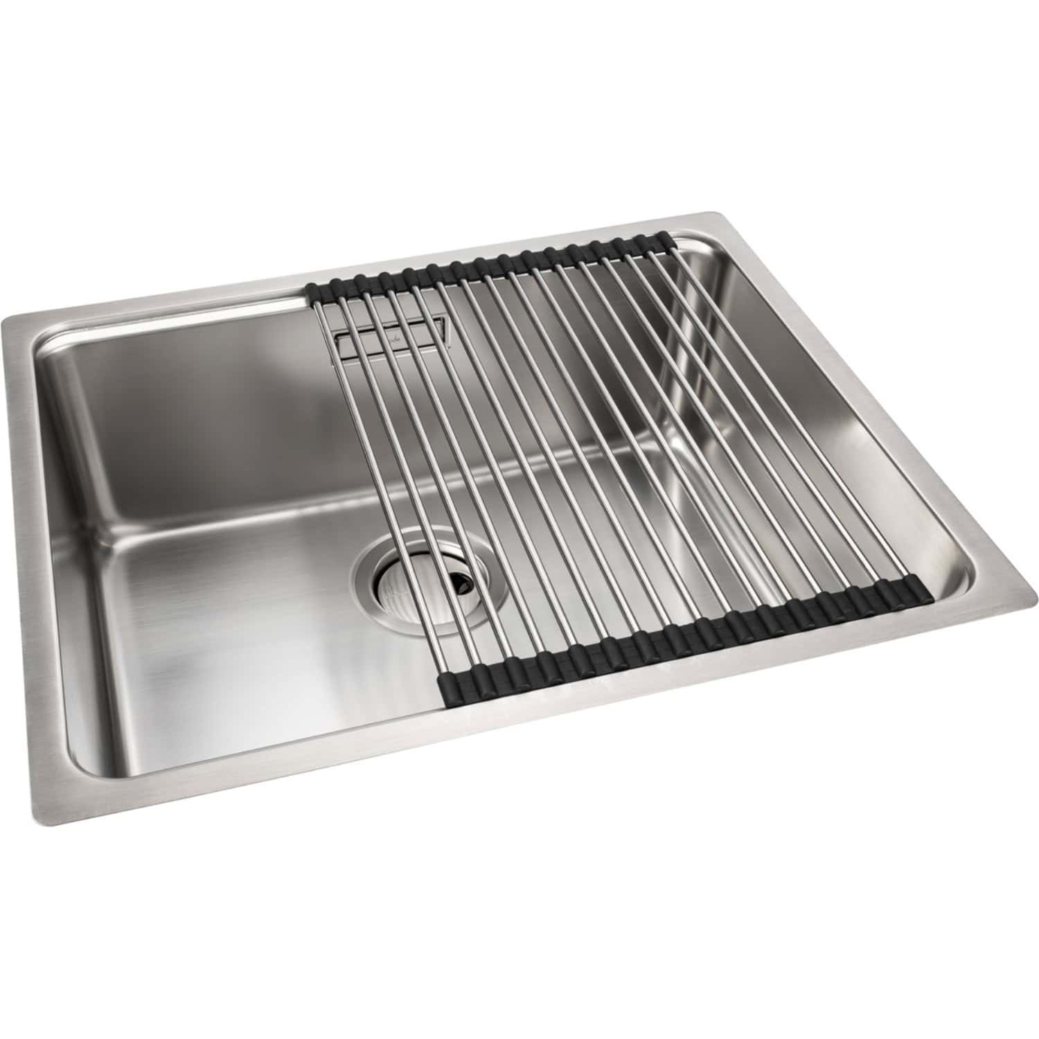 Stainless steel kitchen sink with integrated draining rack, modern design, and durable material for efficient dishwashing and food prep. Perfect for contemporary bathrooms and kitchens.