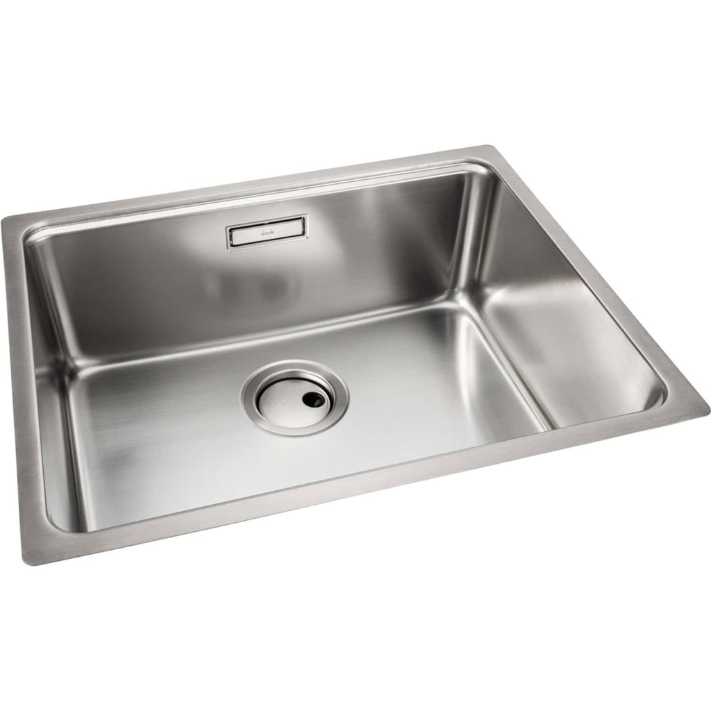 Stainless steel kitchen sink with a modern design, durable and easy to clean, ideal for contemporary bathrooms or kitchens, featuring a central drain and sleek finish.