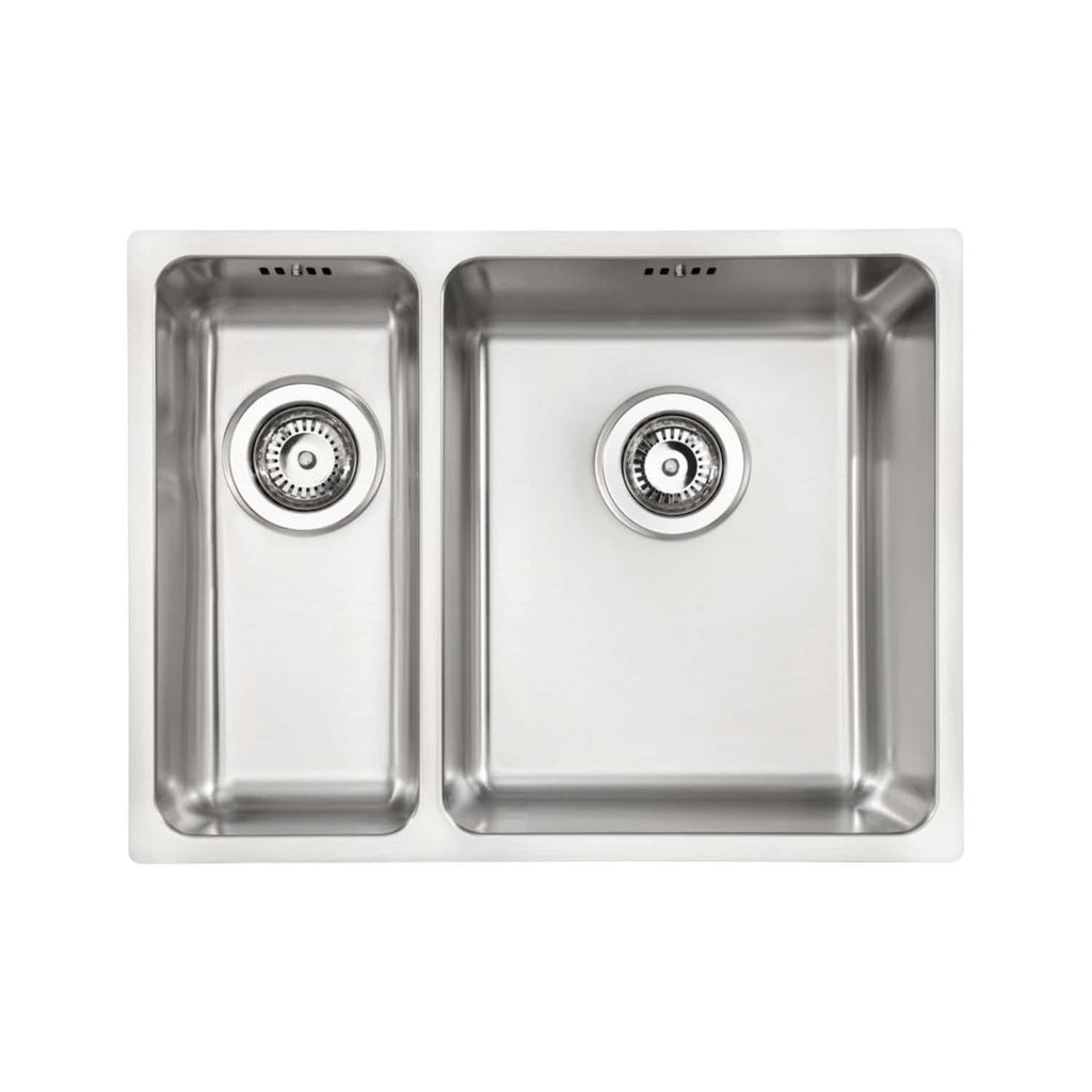 Stainless steel double kitchen sink with integrated strainers, ideal for modern bathroom or kitchen renovation projects, featuring durable and easy-to-clean design.
