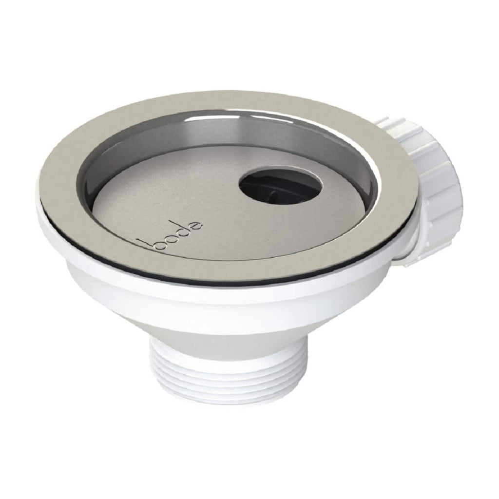 Shower waste drain with adjustable white plastic collar and stainless steel cover, ideal for modern bathroom installations. Suitable for seamless shower drainage solutions.