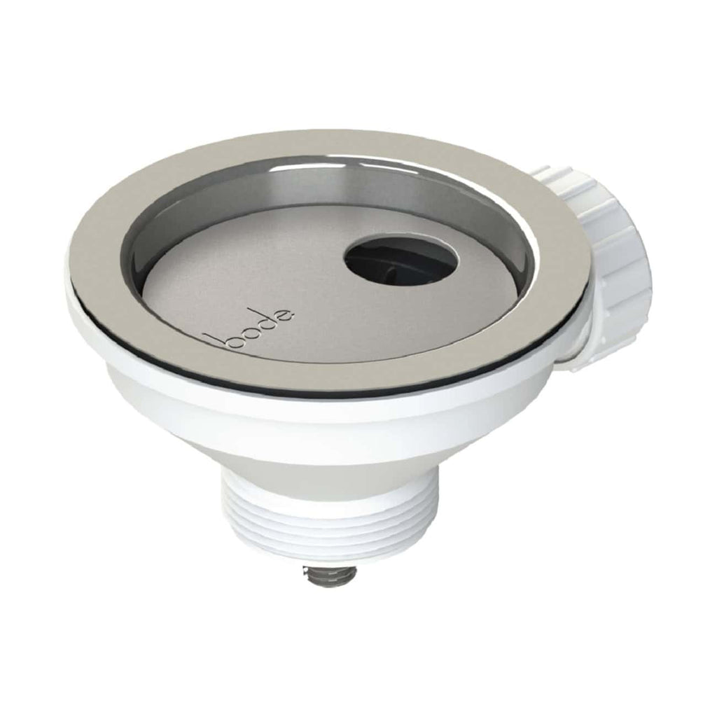 Modern tub drain assembly with push-fit and threading components for bathroom bathtub installation.