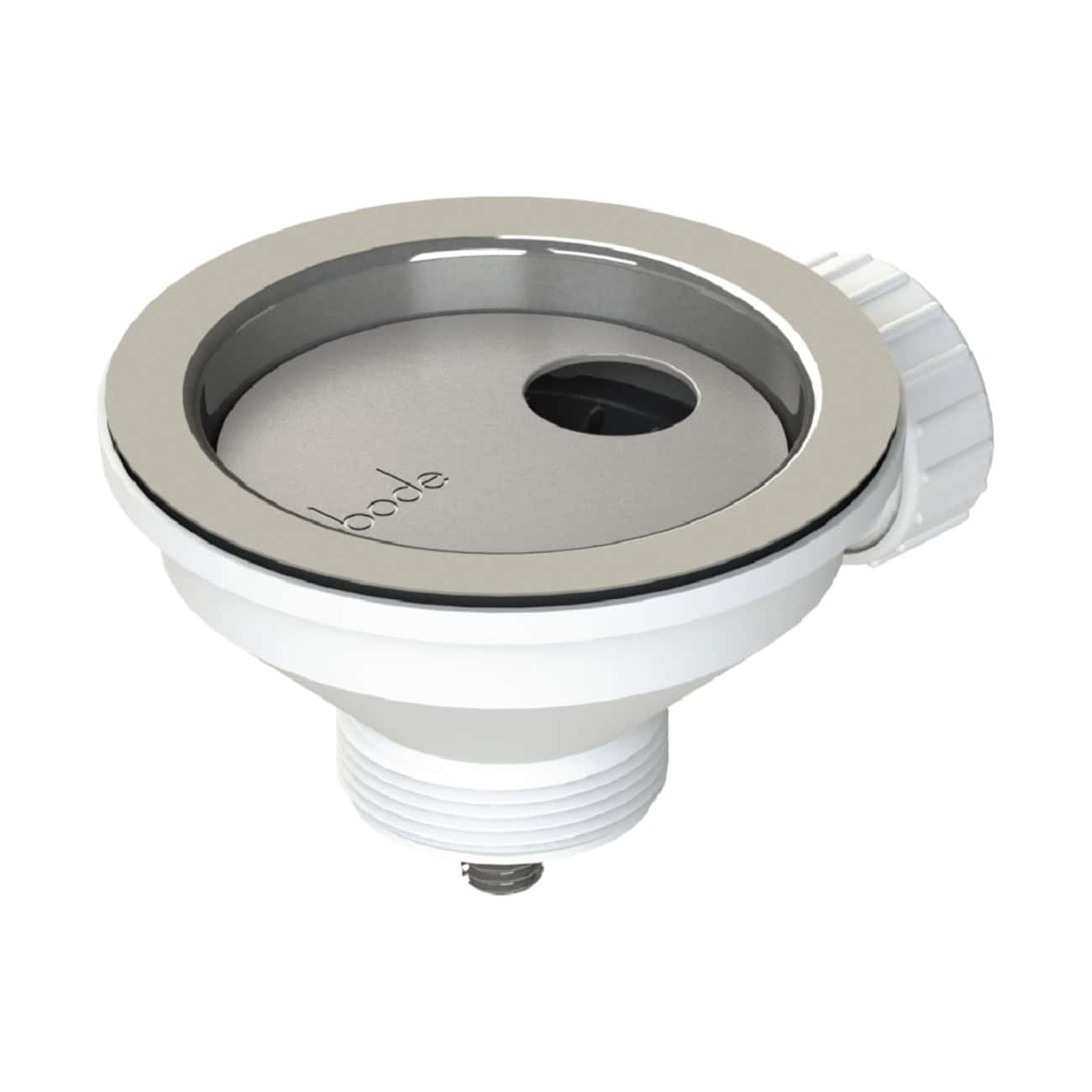 Modern tub drain assembly with push-fit and threading components for bathroom bathtub installation.