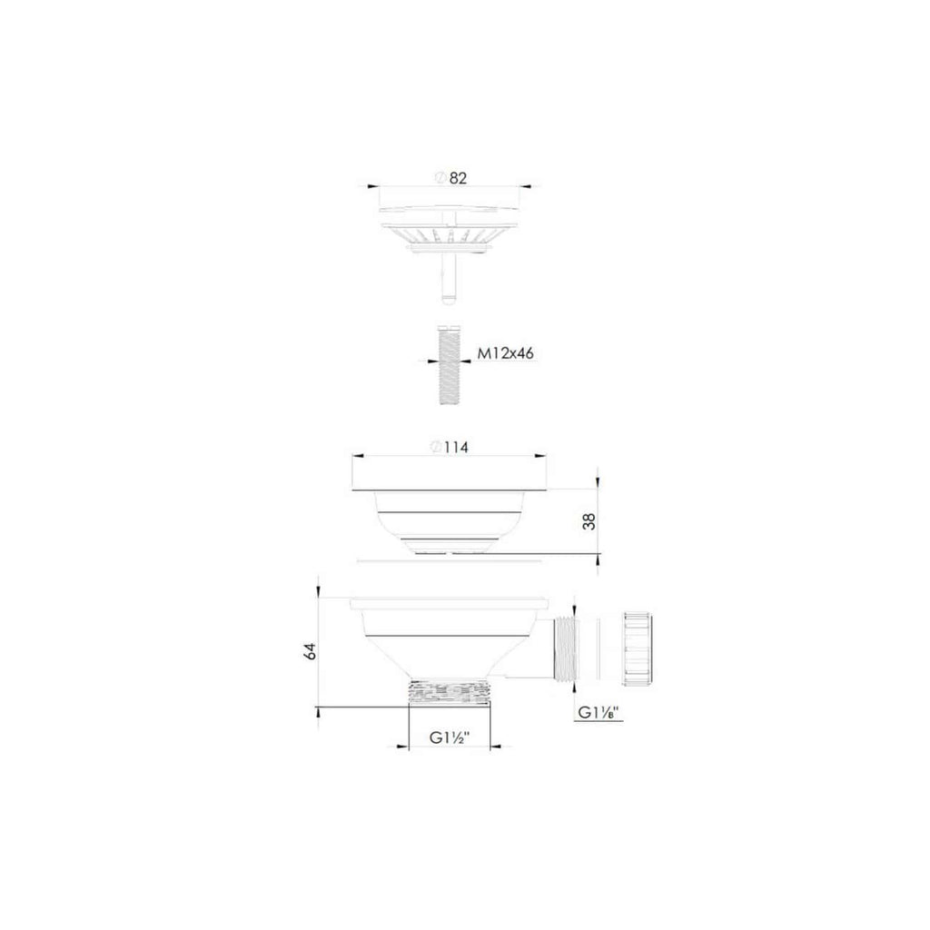 High-quality technical drawing of bathroom drainage components, including measurements for installation and plumbing fittings, showcasing professional bathroom design solutions from Bubly Bathrooms.