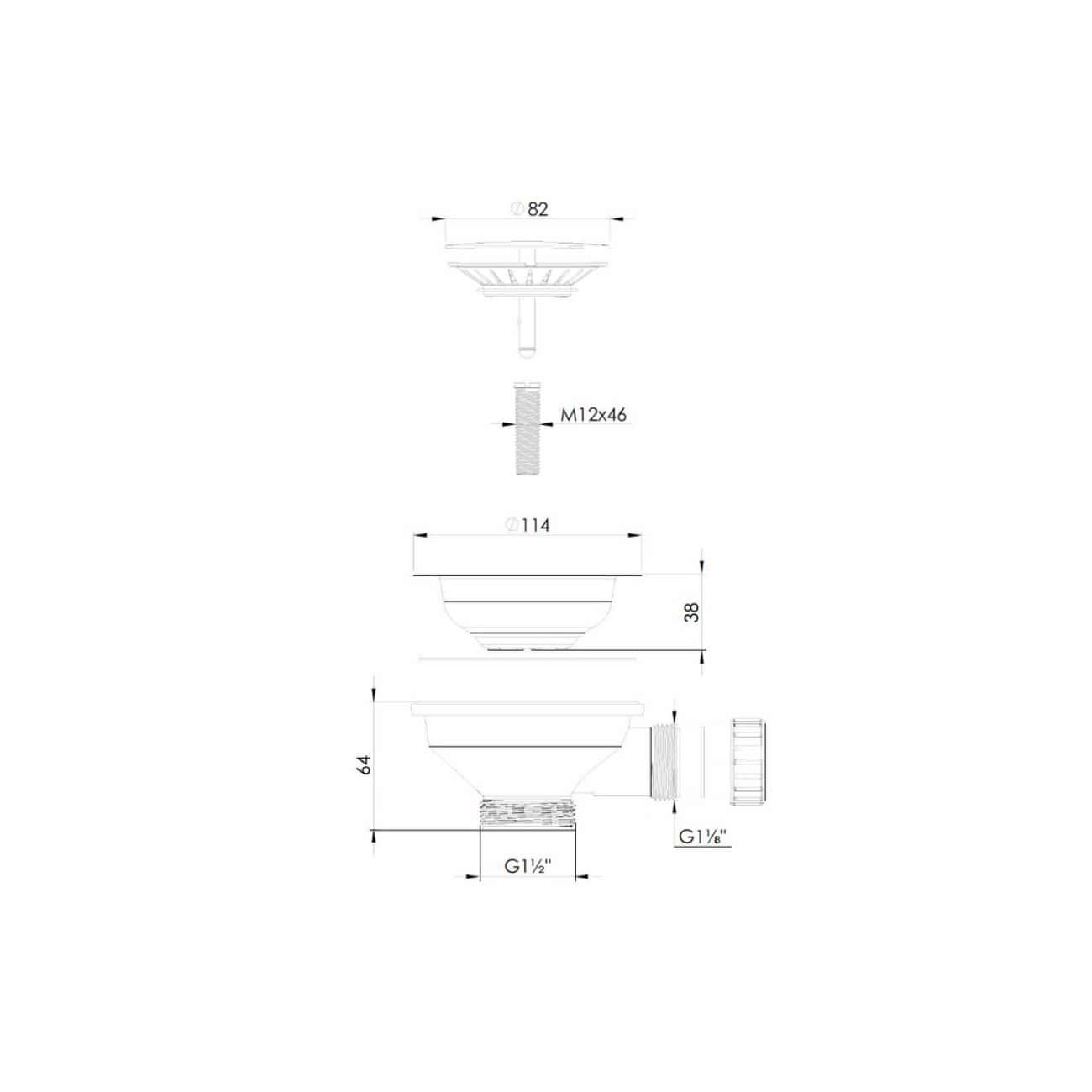 High-quality technical drawing of bathroom drainage components, including measurements for installation and plumbing fittings, showcasing professional bathroom design solutions from Bubly Bathrooms.