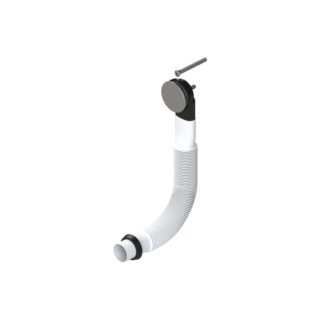 Flexible white drain pipe with adjustable black connection, ideal for bathroom plumbing installations. Designed for seamless integration in modern bathroom drainage systems.