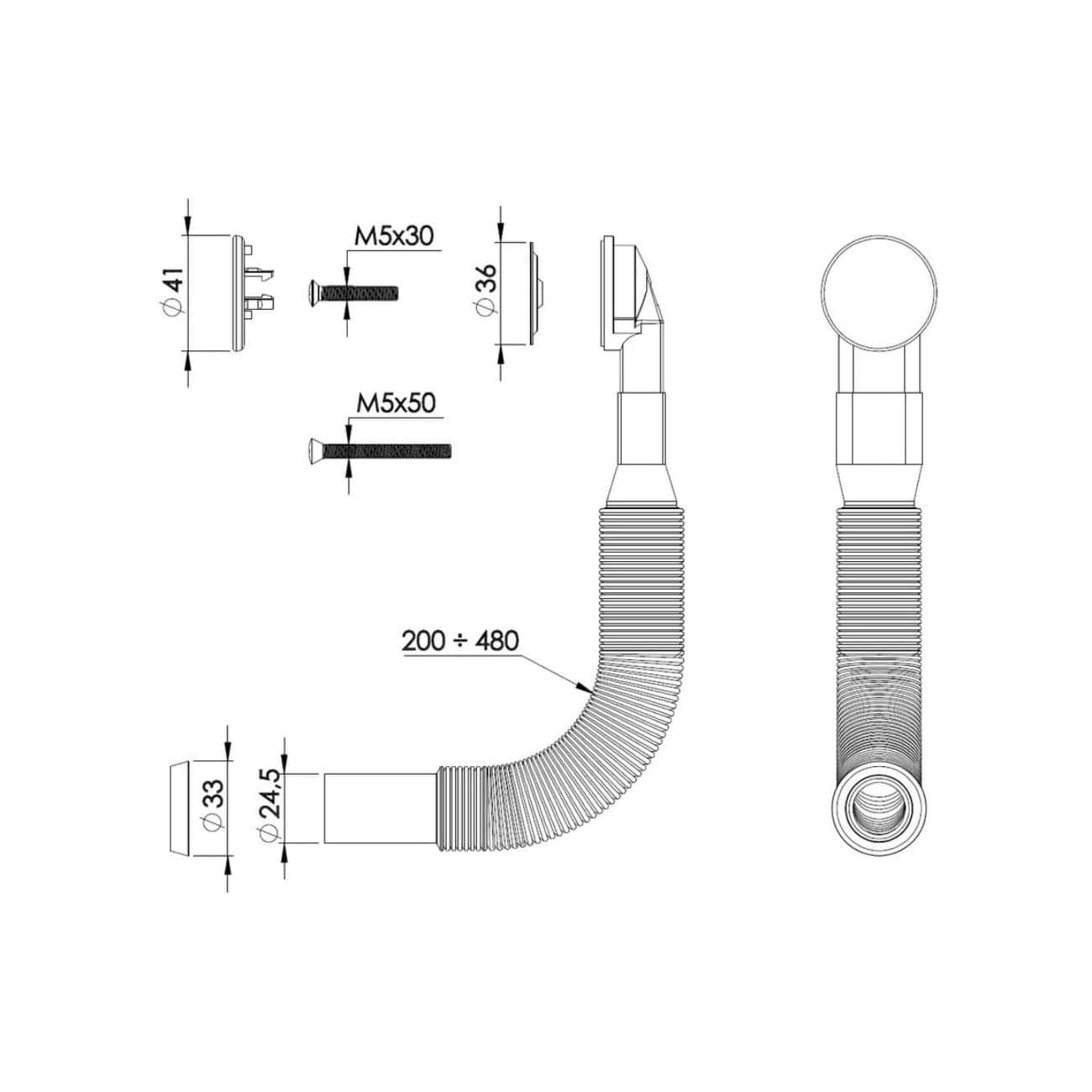 Flexible bathroom drain pipe with adjustable length 200-480mm, compatible with Bubly Bathrooms plumbing systems, featuring durable fittings and sleek design for modern bathroom installations.