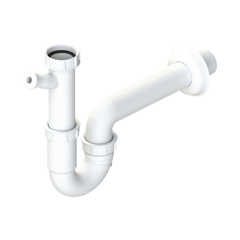 White PVC bathroom sink pipe with connectors and elbow joint, suitable for plumbing installations and repairs. Perfect for modern bathroom drainage systems.