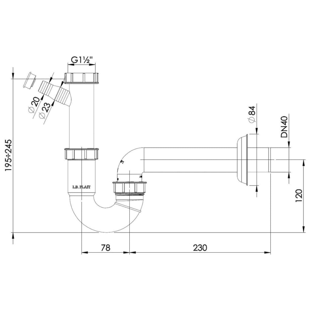 High-quality technical plumbing diagram showing detailed measurements and specifications for bathroom sink drain fittings and piping from Bubly Bathrooms.