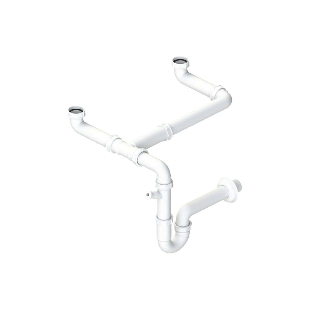 White PVC bathroom drain pipe system for sink or bathtub plumbing, with multiple joints and connections, suitable for bathroom installation and repair.