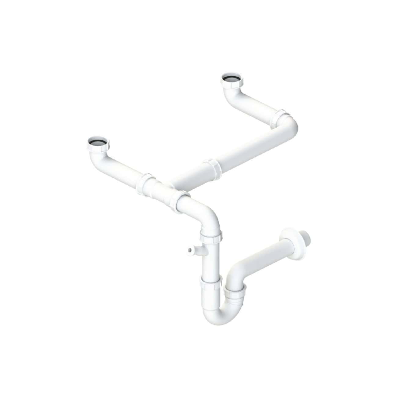 White PVC bathroom drain pipe system for sink or bathtub plumbing, with multiple joints and connections, suitable for bathroom installation and repair.