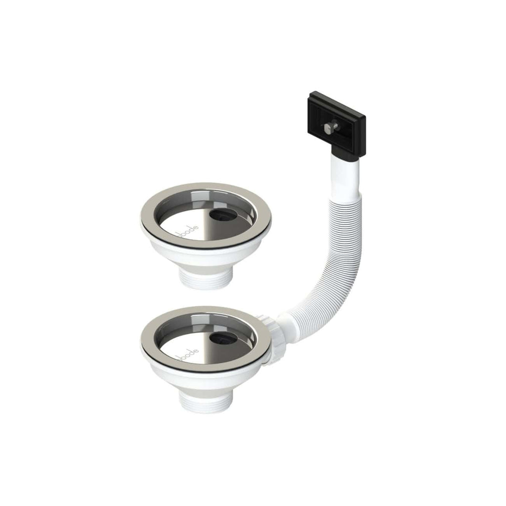 Flexible bathroom waste with dual drains and integrated overflow pipe for sink drainage solutions. Suitable for modern bathroom installations and easy to connect.
