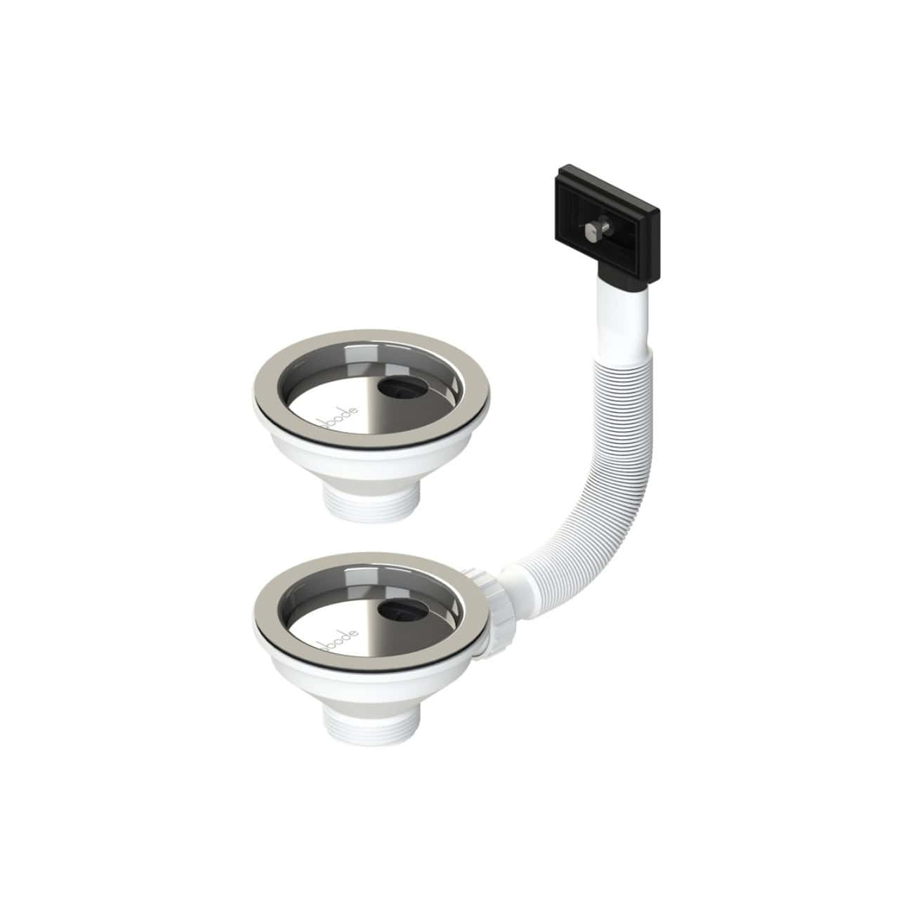 Flexible bathroom waste with dual drains and integrated overflow pipe for sink drainage solutions. Suitable for modern bathroom installations and easy to connect.