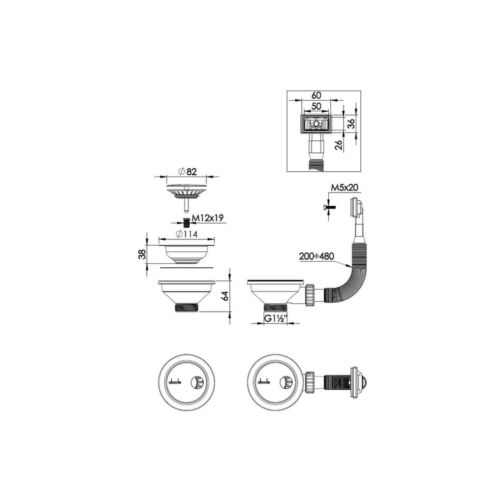 Flexible kitchen sink waste fitting with detailed technical drawing, dimensions, and connectors for plumbing installation, ideal for bathroom and kitchen renovation projects.