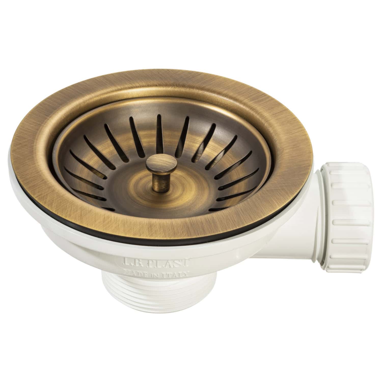 Brass bathroom sink drain with a white trap, designed for modern and vintage bathroom fixtures, featuring a rustproof finish for durability and corrosion resistance.