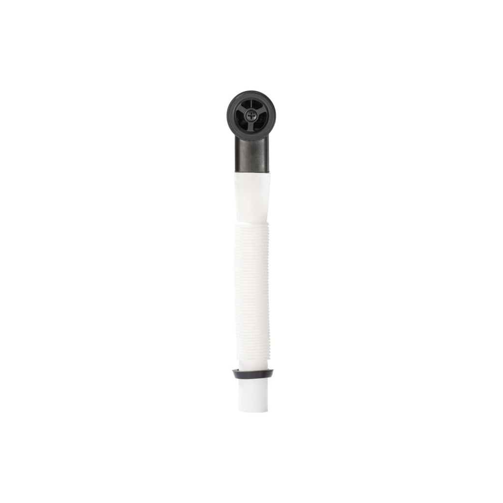 Flexible toilet fill valve with black and white components, designed for efficient water flow regulation in modern bathroom systems. Fits standard toilet tanks and easy to install.