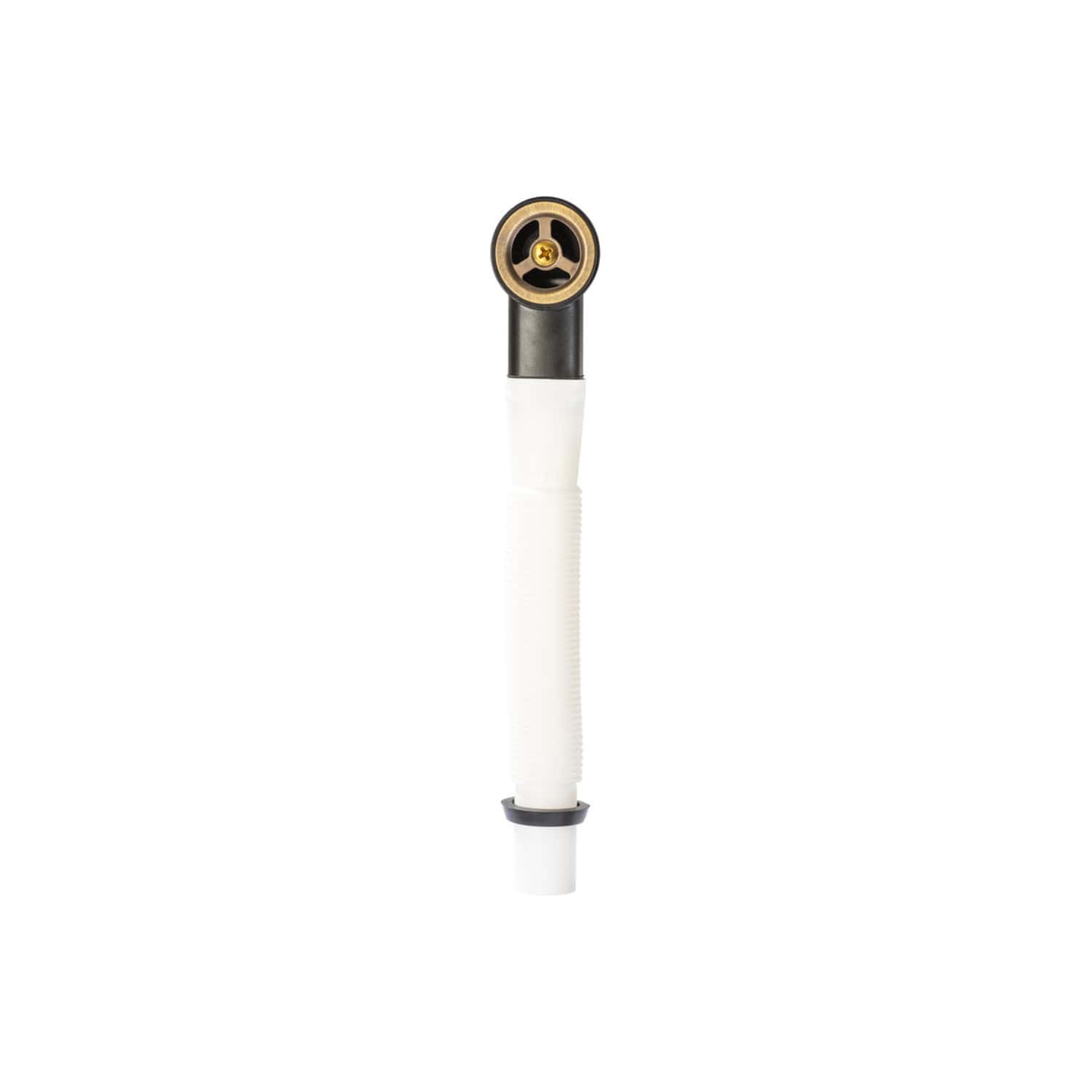 Flexible toilet fill valve with black and white components, ideal for bathroom plumbing systems. Durable and easy to install for efficient toilet water flow control.
