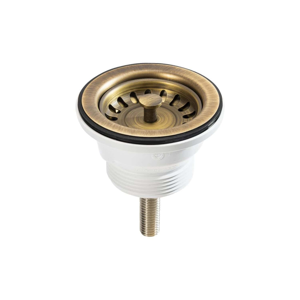 Shower drain strainer with brass finish and white PVC body, designed for bathroom drainage systems, helps prevent clogs and debris from entering the plumbing. Suitable for modern bathroom installations.