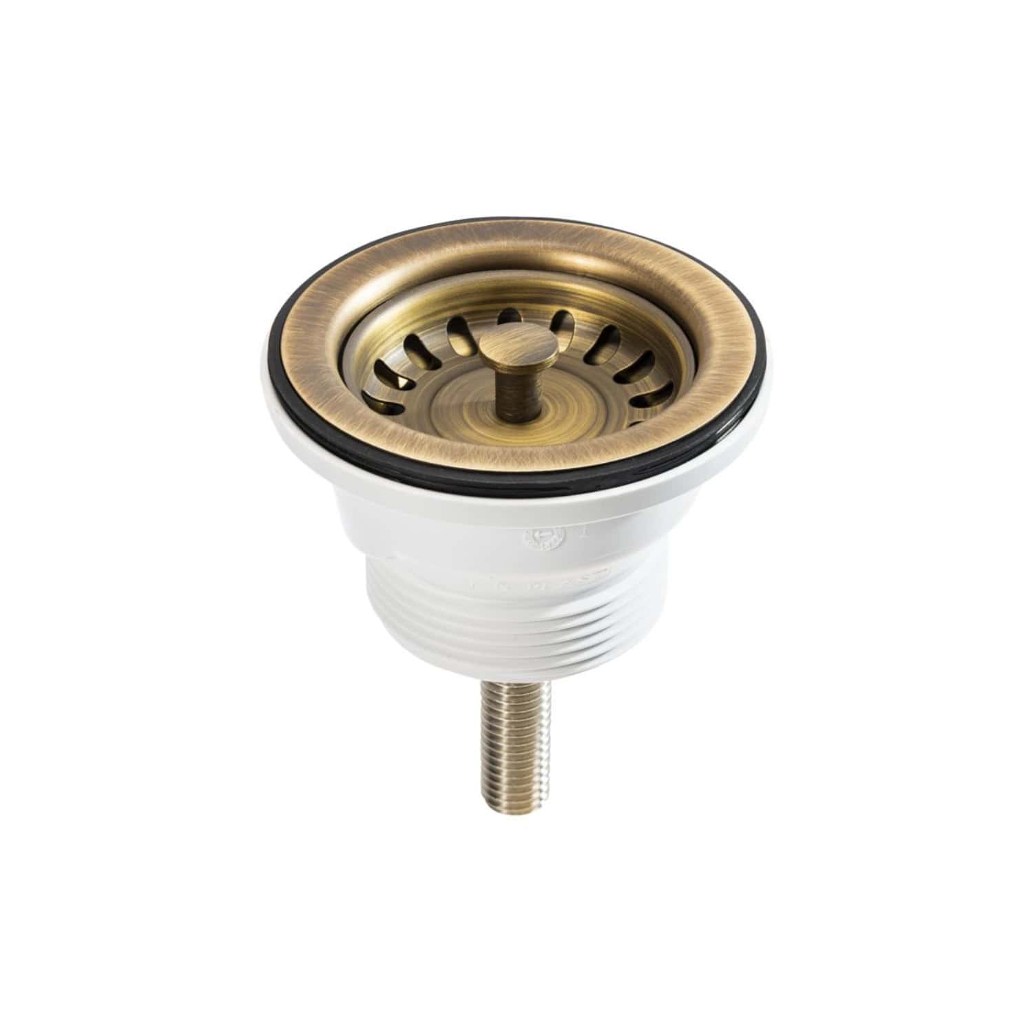 Shower drain strainer with brass finish and white PVC body, designed for bathroom drainage systems, helps prevent clogs and debris from entering the plumbing. Suitable for modern bathroom installations.