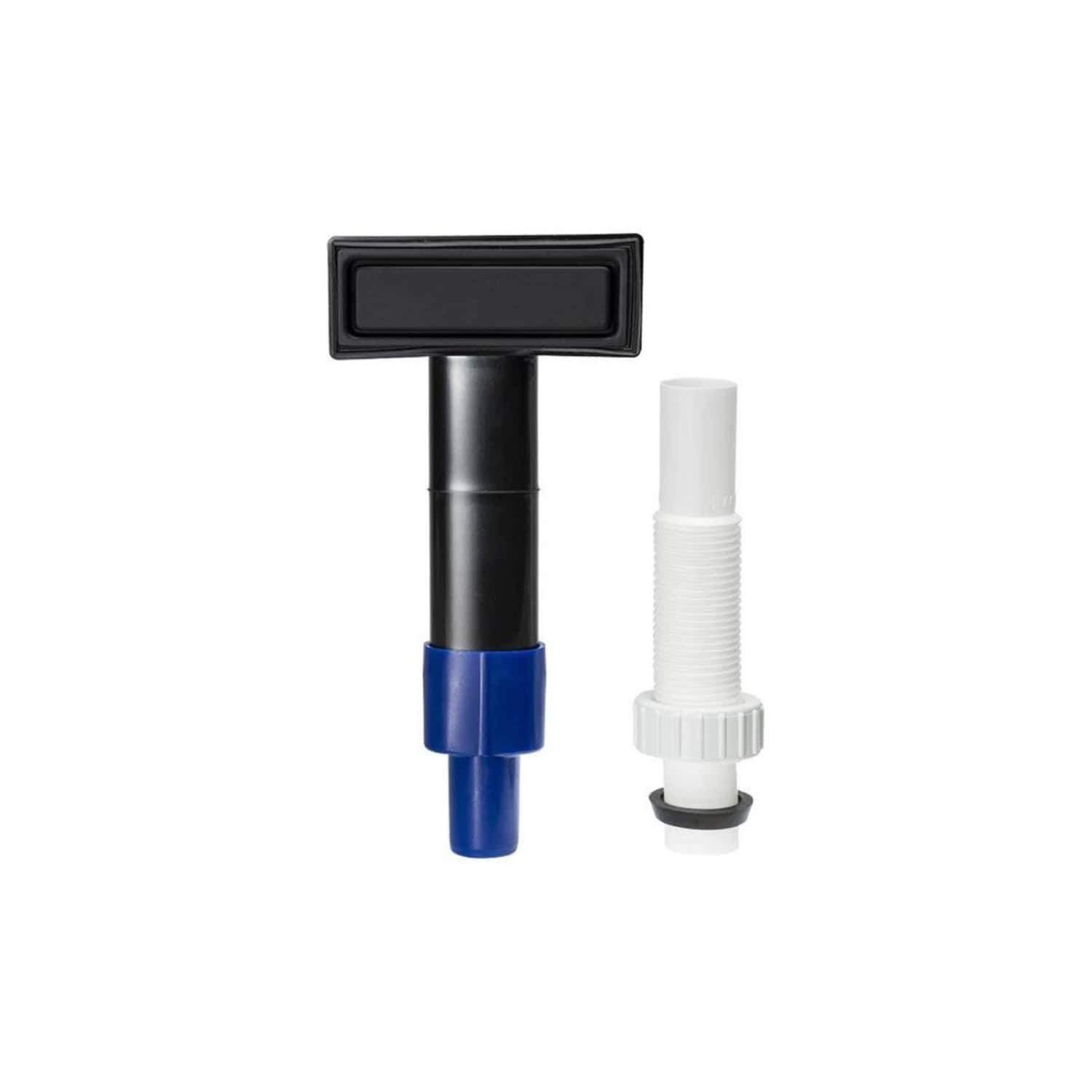 Flexible toilet flush valve with black and blue components for durable bathroom plumbing solutions.