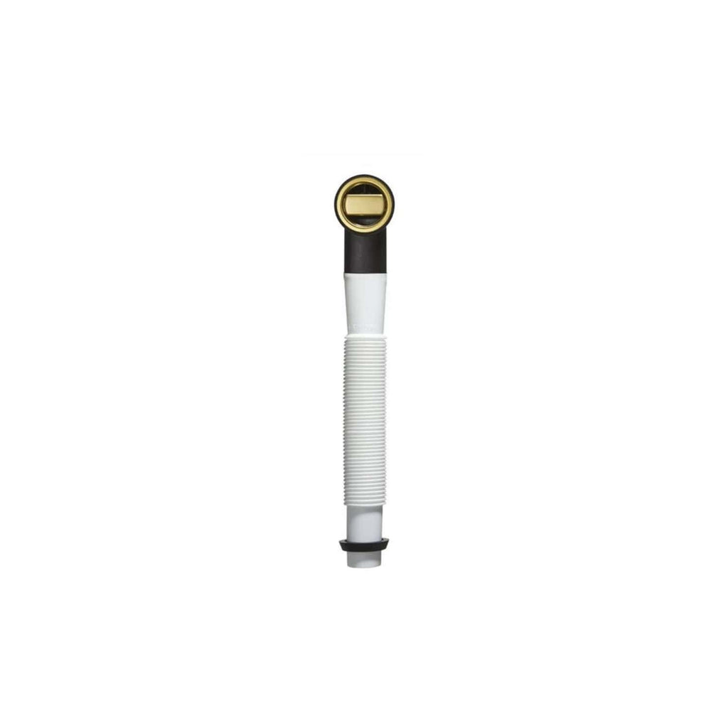 Flexible toilet flush pipe with black and gold flush valve, designed for bathroom installations. Durable and easy to install, suitable for modern bathroom plumbing needs.