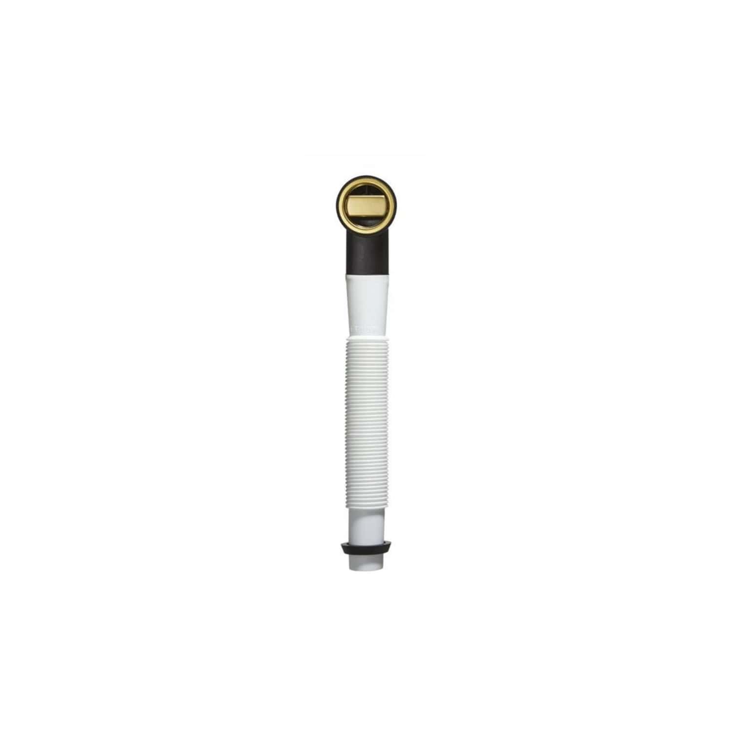 Flexible toilet flush pipe with black and gold flush valve, designed for bathroom installations. Durable and easy to install, suitable for modern bathroom plumbing needs.