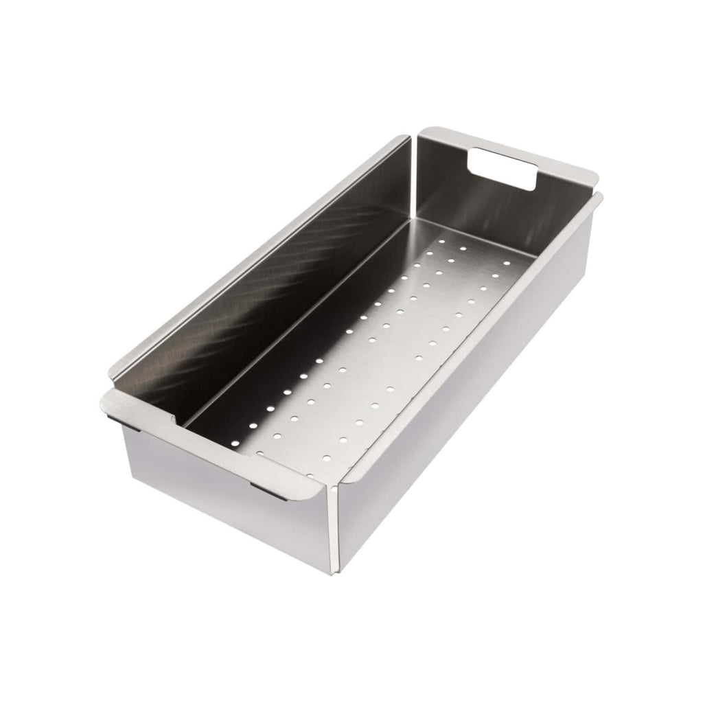 Stainless steel bread bin with perforated base, modern bread storage container for kitchens, durable bread storage solution from Bubly Bathrooms.