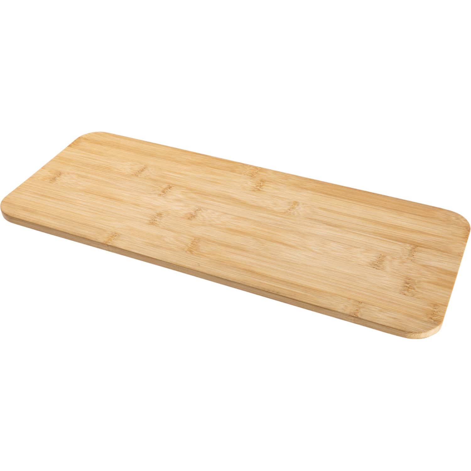 Light wood cutting board made of bamboo, ideal for kitchen preparation and serving, with smooth rounded edges for safe handling and elegant appearance.