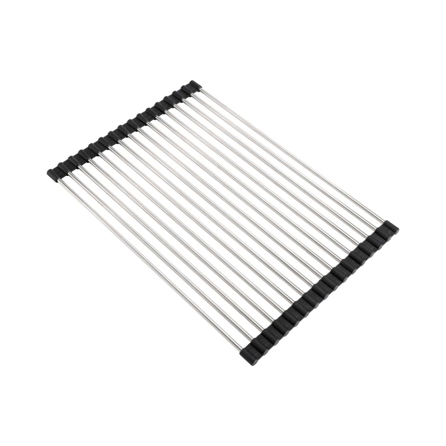 Stainless steel dish drying rack with black rubber grips, ideal for kitchen or bathroom use, durable and easy to clean for efficient dish drying.