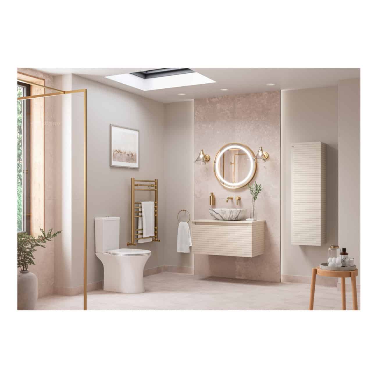 Sleek modern bathroom with minimalist design featuring a floating vanity with marble basin, illuminated round mirror, and gold accents. Bright natural light from skylight enhances neutral colour palette.