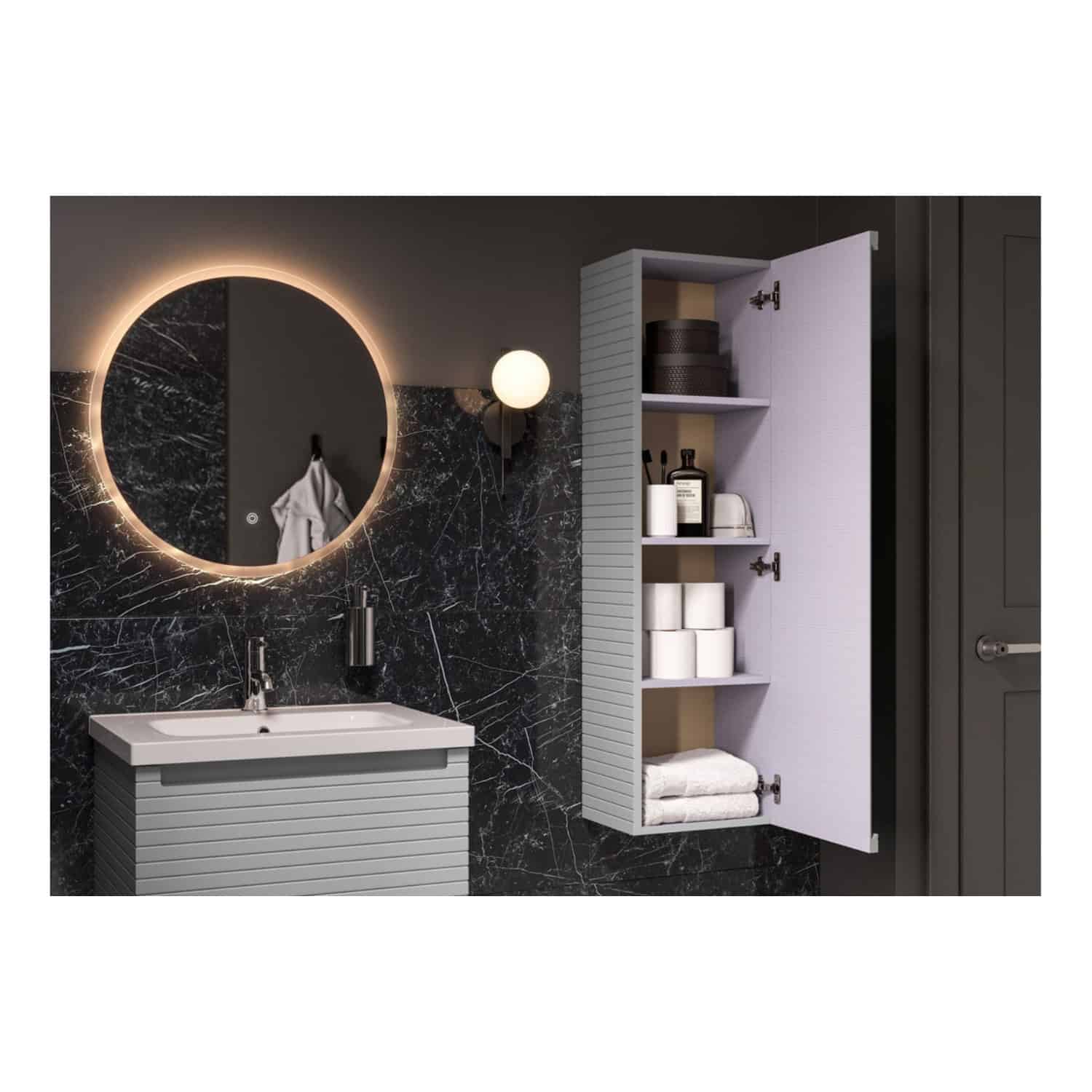 Sleek grey bathroom cabinet with open shelves holding toiletries and towels, modern round backlit mirror, and minimalist fixtures set against a dark marble wall for a contemporary bathroom design.