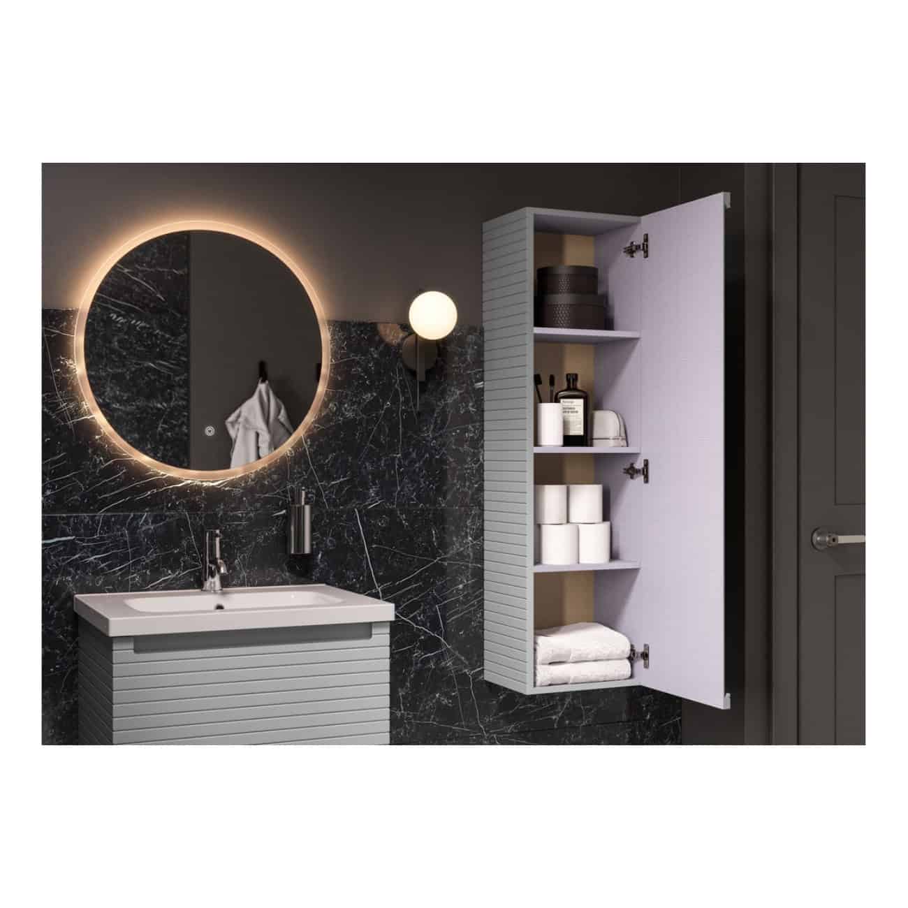 Sleek bathroom vanity with a backlit round mirror, black marble wall, modern wall sconce, and a white open storage cabinet with bathroom essentials for contemporary bathroom design.