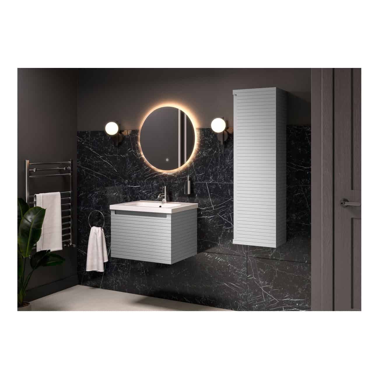 Sleek modern bathroom with black marble walls, illuminated round mirror, white vanity unit, wall-mounted storage, and elegant lighting fixtures, showcasing luxurious bathroom design ideas.