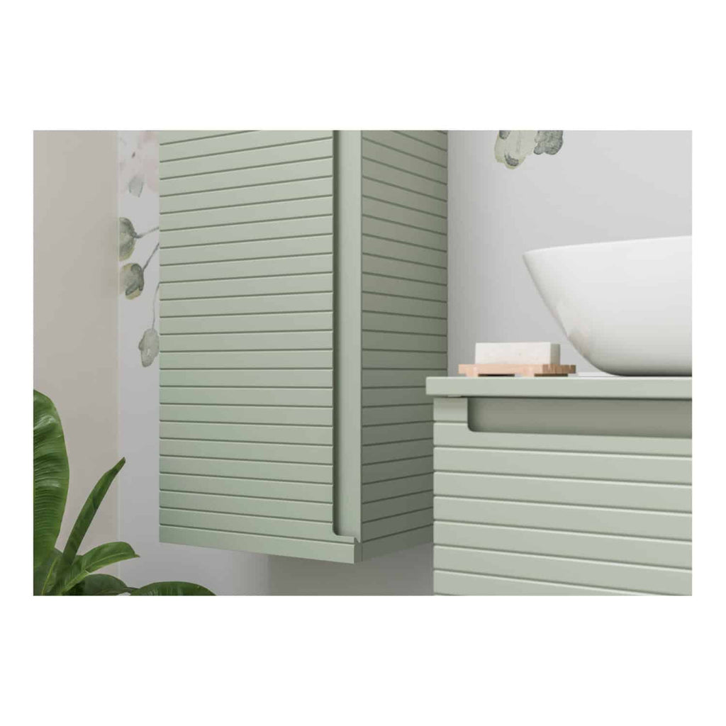 Sleek pale green bathroom vanity with horizontal slatted design, modern white vessel sink, and matching storage units, creating a contemporary and minimalist bathroom aesthetic.