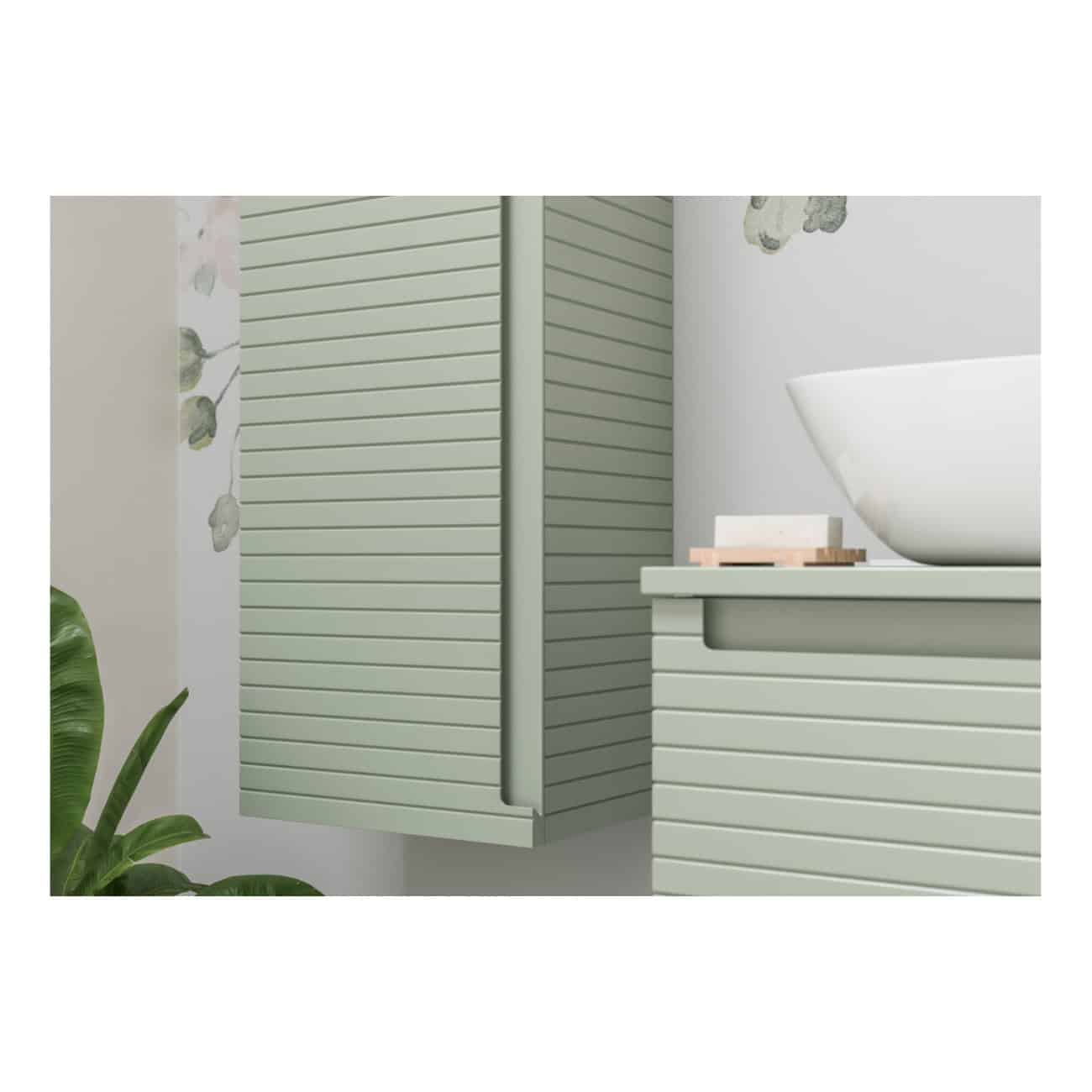 Modern green louvered bathroom cabinet and matching vanity unit with a white vessel sink, minimalist design, soft pastel colour, concealed storage, and contemporary bathroom decor.