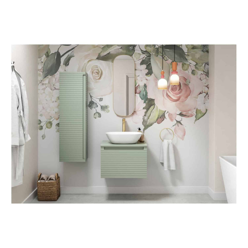 Vibgyor Bathroom Vanity Set with Mint Green Ruffled Cabinets, Modern Oval Mirror, Elegant Floral Wall Decal, Stylish Pendant Lighting, and Hand Towel Ring, Creating a Fresh and Beautiful Bathroom Space.
