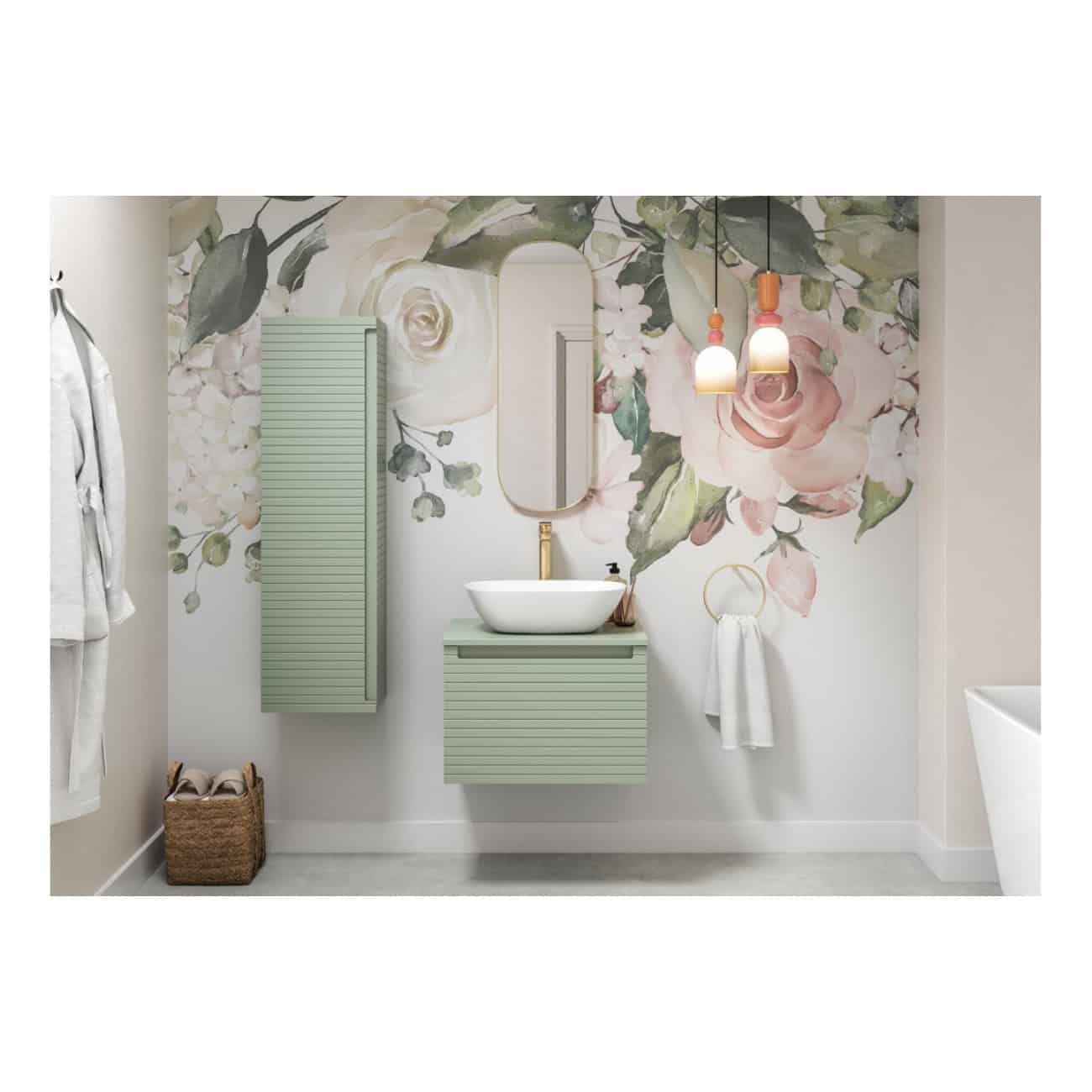 Vogue Bathroom with floral wallpaper, modern freestanding wash basin, pendant lighting, and sleek storage cabinet, showcasing stylish and functional bathroom decor.