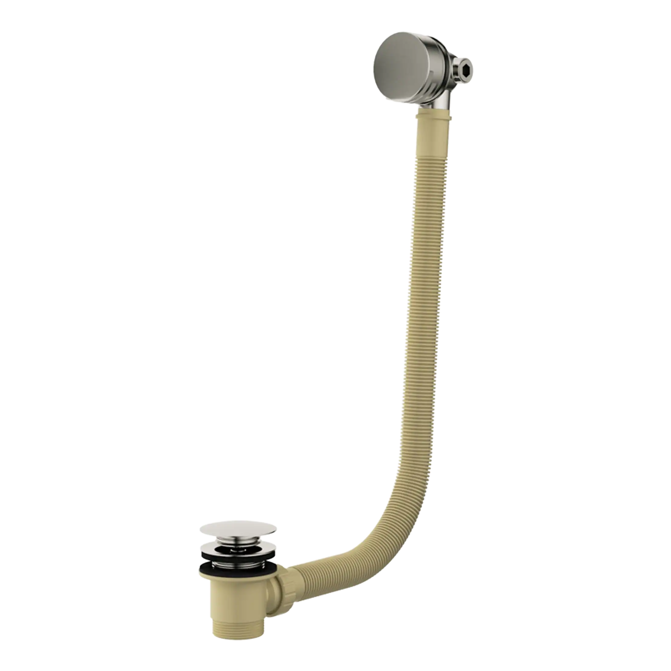 High-quality beige plastic flexible bath waste pipe with chrome plug for bathroom plumbing and repair; suitable for sinks and basins.